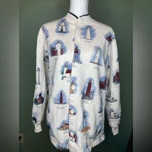 Vtg Art Unlimited Button Sweatshirt Sz Medium Lighthouse Lake Michigan Superior